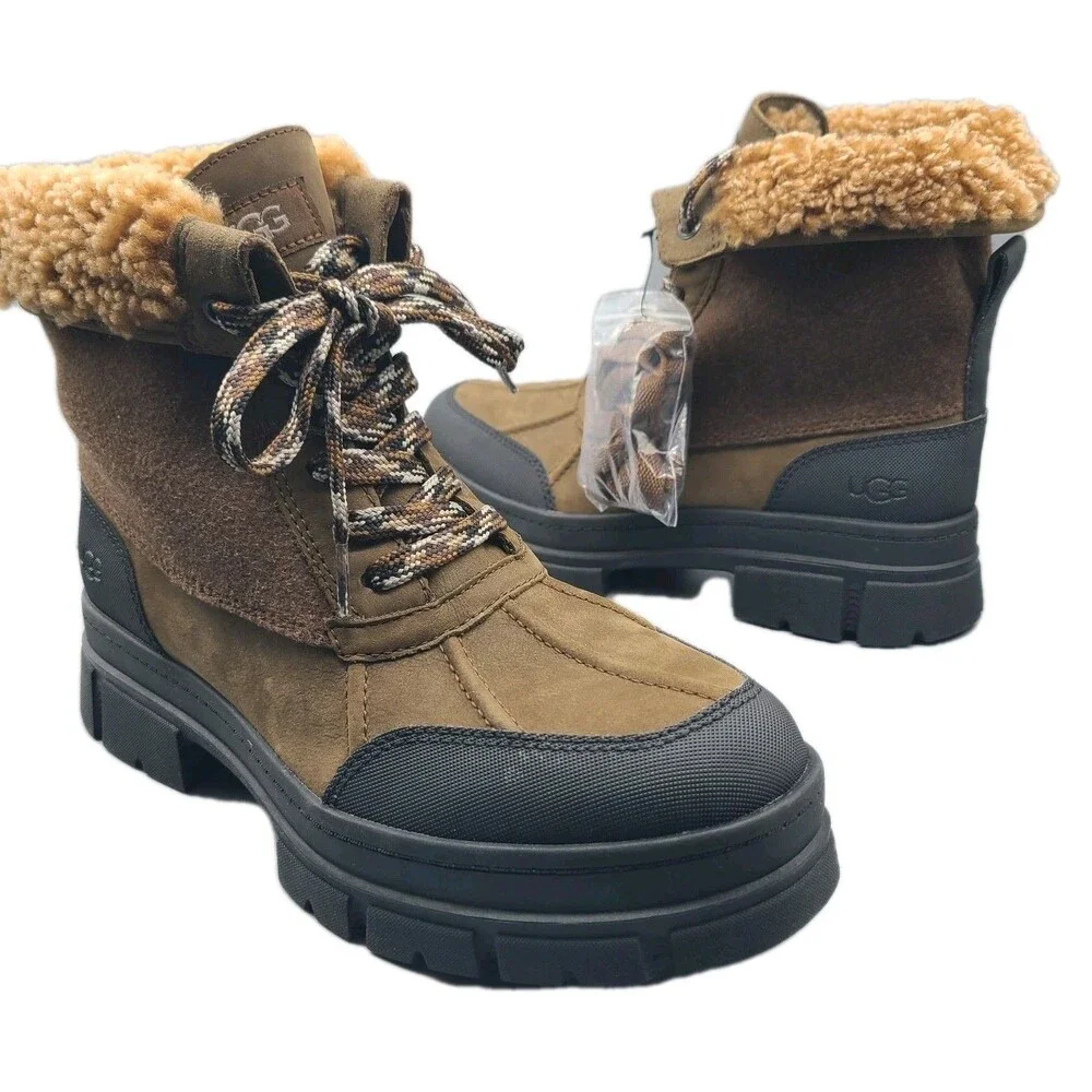 UGG Women Boots Ashton Addie Tipped Brown Leather Shearling Waterproof Sz 10 New